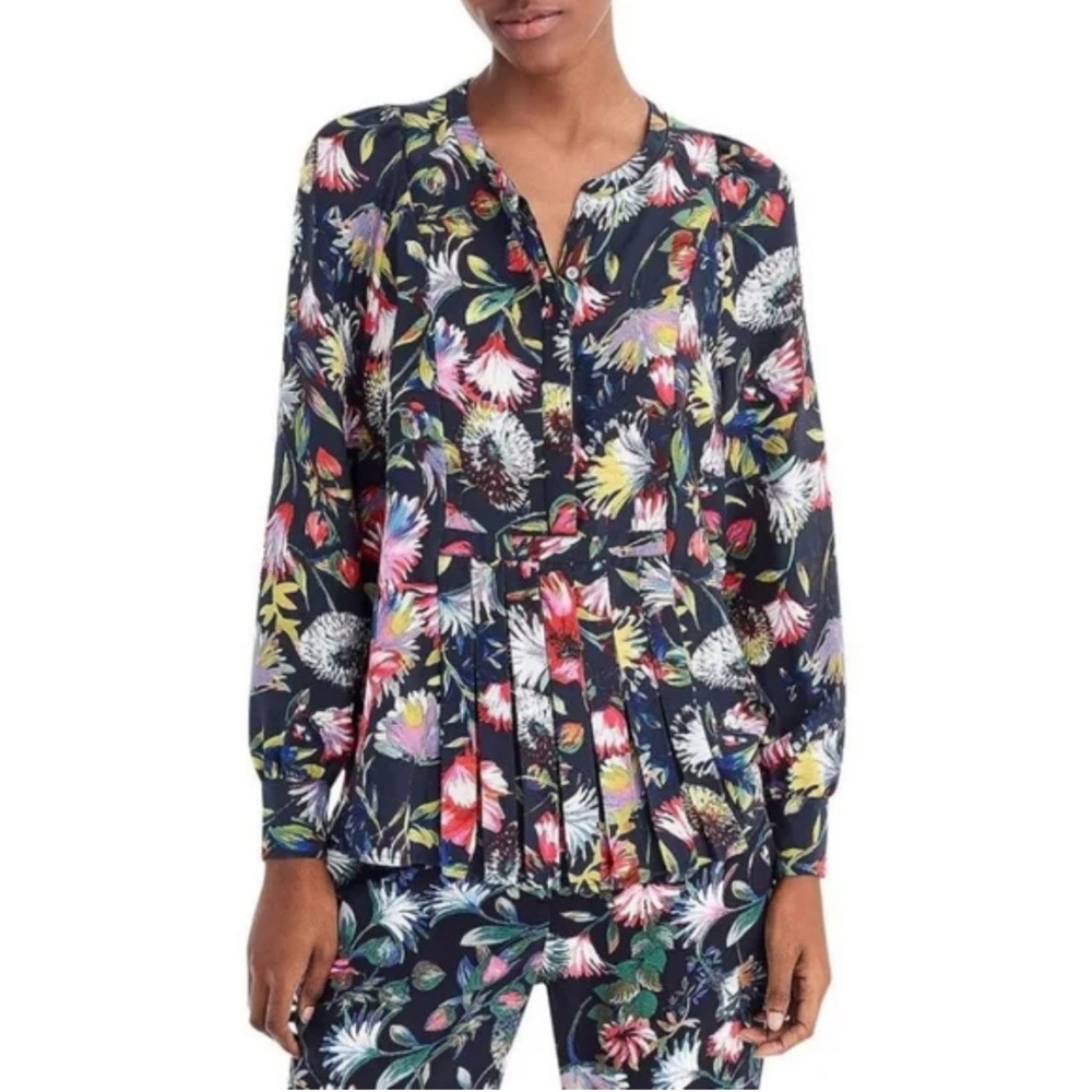 J.Crew Floral Print‎ Pleated Hem Silk Blouse Multicolor S
